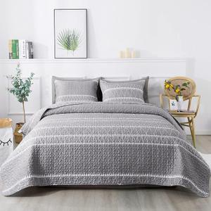Andency Quilt King Size Set Grey (106x96 Inch), 3 Pieces(1 Striped Boho Printed Quilt and 2 Pillowcases), Bohemian Summer Lightweight Reversible Microfiber Bedspread Coverlet Sets