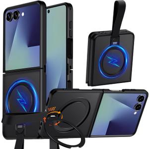 360 Spin Magnetic Stand for Z Flip 7 Case,Ring Holder Stand with Silicone Strap,Fit for MagSafe Shockproof Translucent Matte Phone Case for Samsung Galaxy Z Flip 7 (Black)