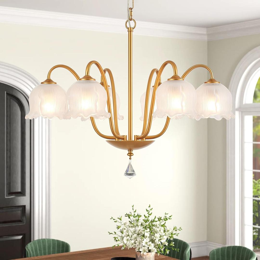 Modern Glass Chandelier Gold Flower Lamp Glass Shades Ceiling Pendant Light Fixture 6 Lights Luxury Large Chandeliers for Dining Room Bedroom Entryway
