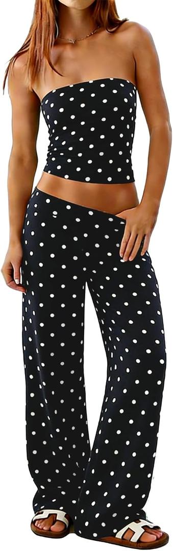 Women Striped Two Piece Set Tube Top Wide Leg Pants Summer Casual Matching Lounge Set Beach Vacation Travel, large