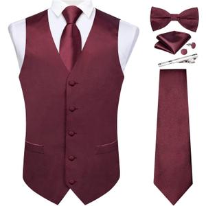 DiBanGu Suit Vest for Men Vest Set with Tie Bowtie Tie Clip Pocket Square Cufflinks 6Pcs Waistcoat (Large, Burgundy)