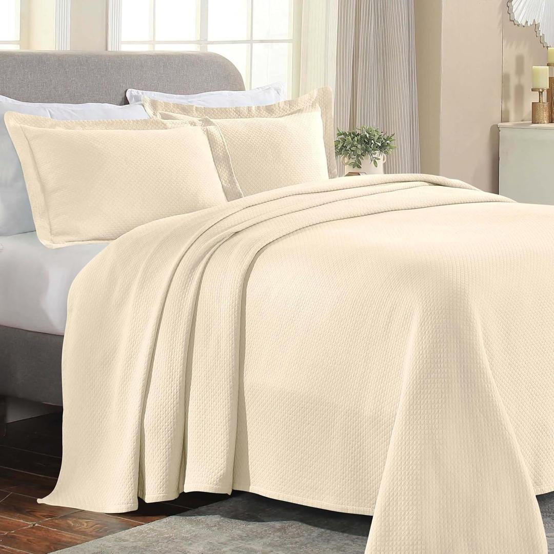 Superior Solitaire Cotton 3 Piece Bedspread Set, Home Bed Decor, Decorative Textured Bed Spread, 2 Pillow Shams, Airy Blanket, Matelasse Coverlet Bedding, All-Season Accent Blanket, King, Ivory