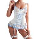 APRRAIN Sexy Lingerie for Women Rave Outfits Lace Up Corset Bodysuit Teddy Lingerie Set with Garter Belt White Size M