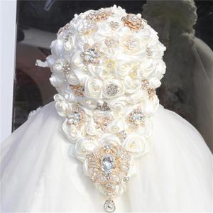 Handmade Satin Rose Water Drop Bridal Bouquet 8.7inch Crystal Wedding Round Tossing Bouquet Jewelry Proposal Bridesmaid Bouquet Groom Corsage Bride Wrist Flower Ivory (Ivory)