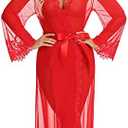 RSLOVE Lingerie for Women Sexy Long Lace Kimono Robe Mesh Chemise Lace Gown Swimsuit Cover Up, M