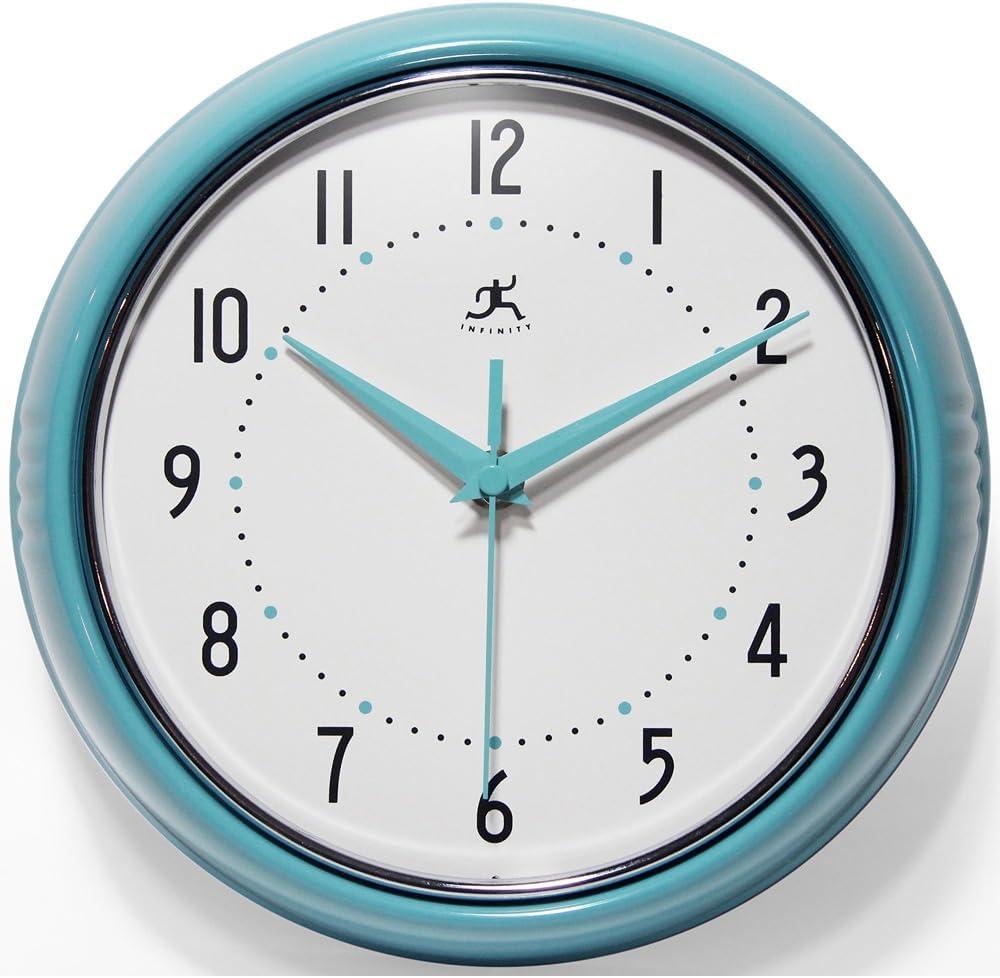 Infinity Instruments LTD. Retro 9 inch Silent Sweep Non-Ticking Mid Century Modern Kitchen Diner Wall Clock Quartz Movement Retro Wall Clock Decorative (Turquoise)