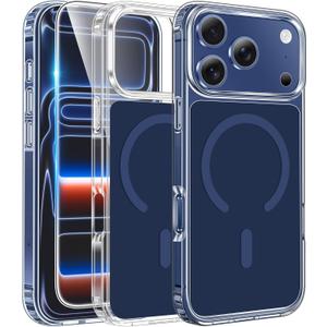 FNTCASE for iPhone 17 Pro-Max Case: Clear Magnetic Phone Cases with Screen Protector Compatible with Magsafe Slim Anti Yellowing Rugged Shockproof Protective Transparent Cell Cover (B-A Blue)
