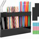 Acrylic Straw Holder, Straw Organizer Dispenser with Two Pieces Rubber Magnet Sheets, Drinking Straw Storage Holder for Cabinet Door Fridge Counter Kitchen Office (Black)