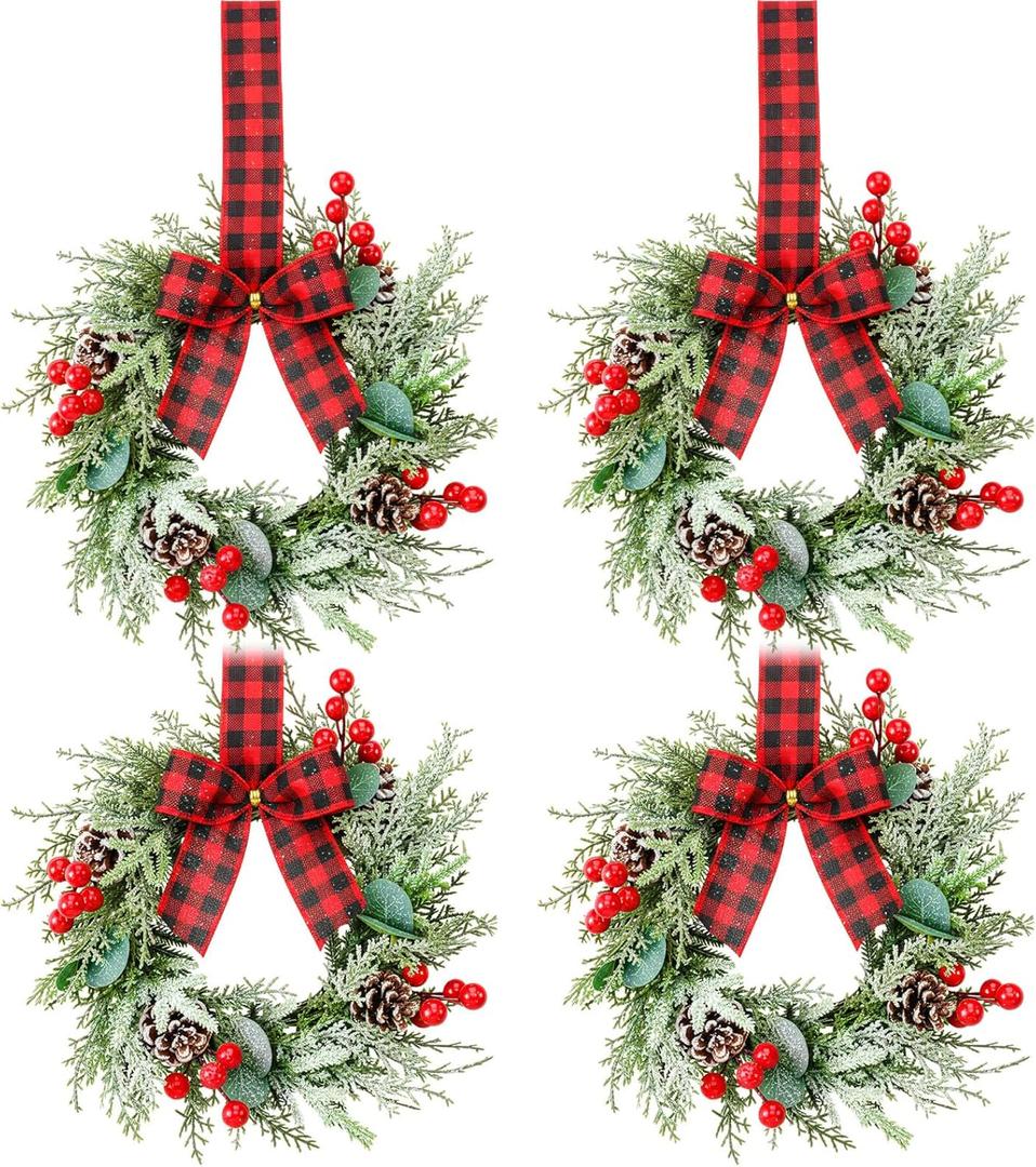 11.8" Christmas Mini Wreath for Cabinet, Artificial Snowy Cedar Garland with Plaid Ribbon, Small Xmas Hanging Wreath for Kitchen Cabinets, Windows, Doors, Farmhouse Holiday Decor(with Snow)