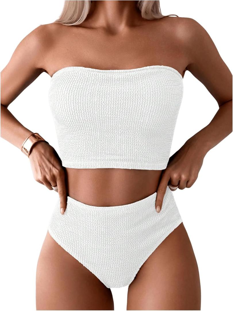 OYOANGLE Women's 2 Piece Strapless Swimsuit High Waisted Smocked Bandeau Bathing Suit (X-Large, White)