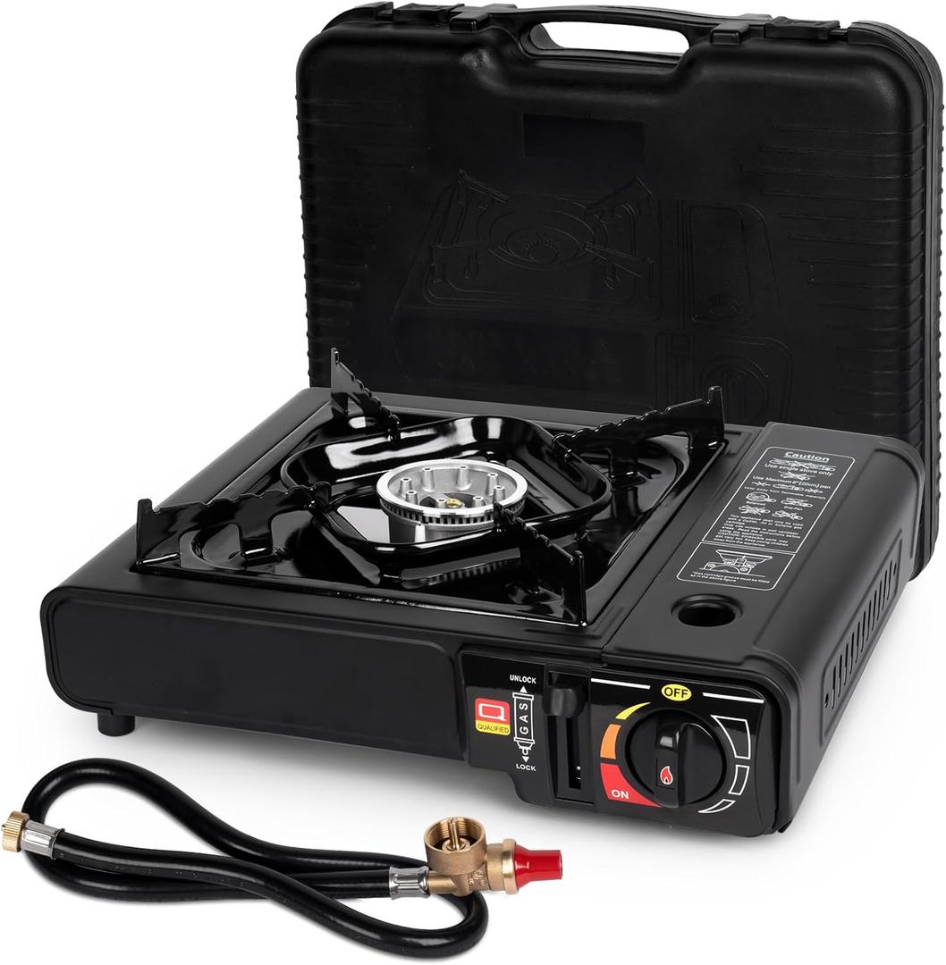 SHINESTAR Dual Fuel Stove with Butane & Propane Compatibility, Portable Camping Stove for Outdoor Cooking, Propane Adapter Hose and Carrying Case Included, 7800 BTUs Output (Black)
