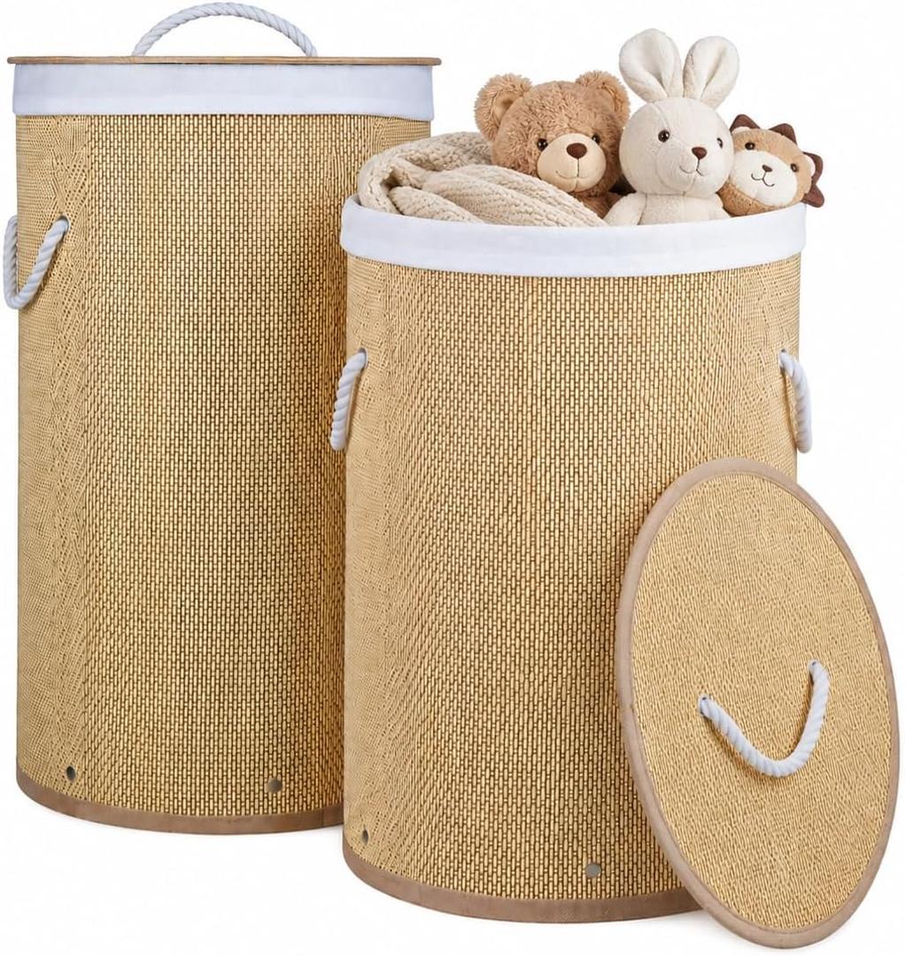 2 Pack Bamboo Laundry Hamper with Lid, Tall Storage Basket