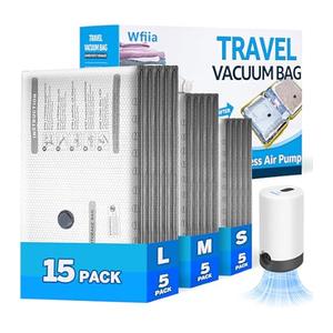 Wfiia 15 Packs Vacuum Bags for Travel with Rechargeable Pump, 3 Sizes Vacuum Seal Bags for Clothing, Compression Vacuum Travel Bags for Luggage, Vacuum Packing Bags for Closet Organization