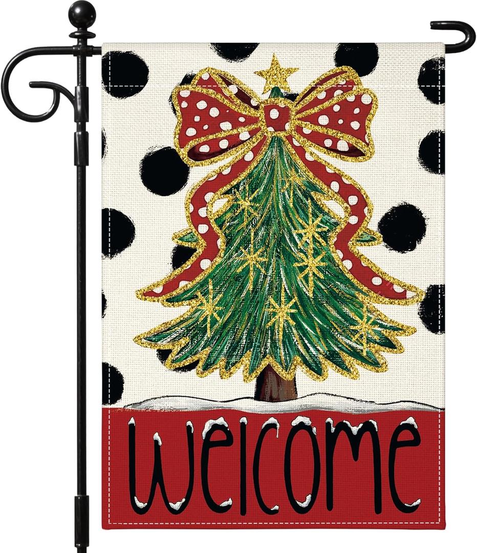 Artscope Welcome Bow Tree Christmas Garden Flag 12x18 Inch Double Sided, Polka Dot Seasonal Outdoor Winter Xmas Flag for Yard Farmhouse Holiday Decoration-Beige