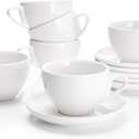 Sweese 6 Ounce Cappuccino Cups with Saucers, Porcelain Double Espresso Cups Set of 6 - White