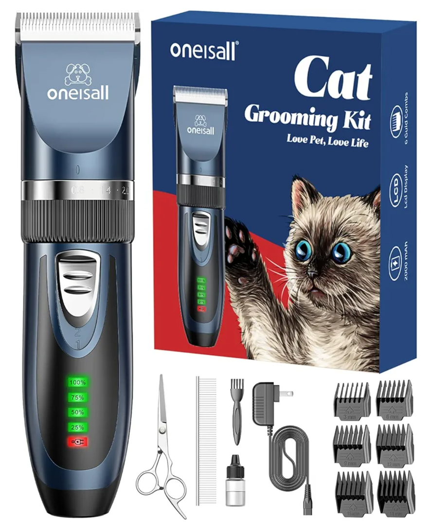 oneisall Quiet Cat Clippers for Matted & Long Hair, 2-Speed Cordless Pet Shaver Grooming Kit for Cats, Small Dogs & Animals (Blue)