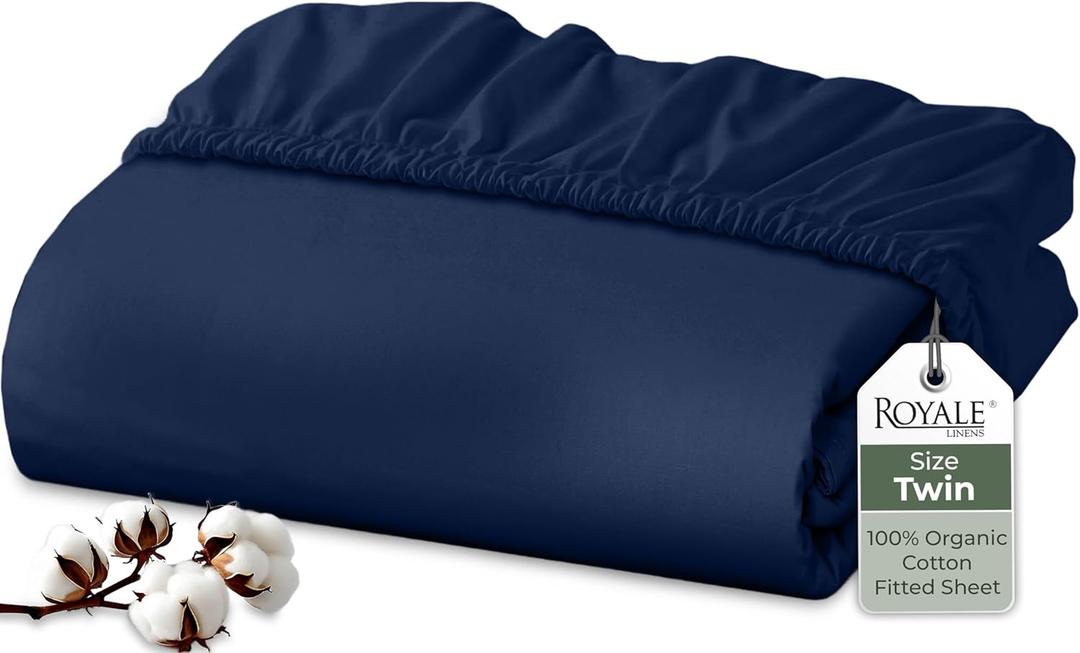 Royale Linens 100% Organic Cotton Fitted Sheet - Percale Weave - Super Soft Deep Pocket Bottom Sheets - Navy Elastic Sheet Twin Size - Twin Fitted Sheets Only - (39"x75"+15", Navy)