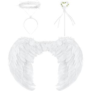 Zezzxu White Angel Wings with Halo and Fairy Wand for Adult Feather Wing Angel Costume for Christmas Cosplay (23.6 x 17.7 Inch)