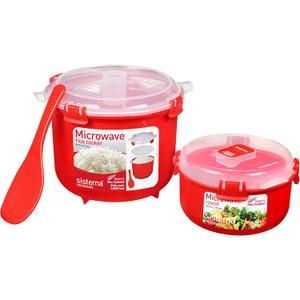 Sistema Microwave Rice Cooker and Steamer Bowl for Vegetables with Steam Release Vent, Dishwasher Safe, Red