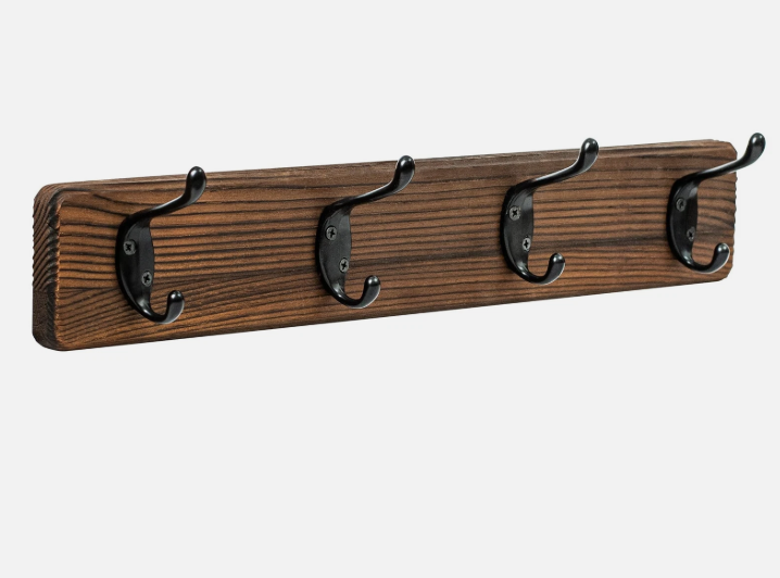 NicQliear Wall Mounted Coat Rack - Metal Coat Hooks Hanger with Pine Solid Wood Board, 4 Black Literary Rustic Hooks Rail Wall Mount for Hanging Coats, Clothes, Bags, Hat, Towel