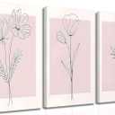 3 Pieces Minimalism Botanical Canvas Wall Art Pink Flowers Line Plants Pictures Wall Decor Posters Print Artwork for Girls' Room Living Room Bedroom Bathroom Office Home Decoration