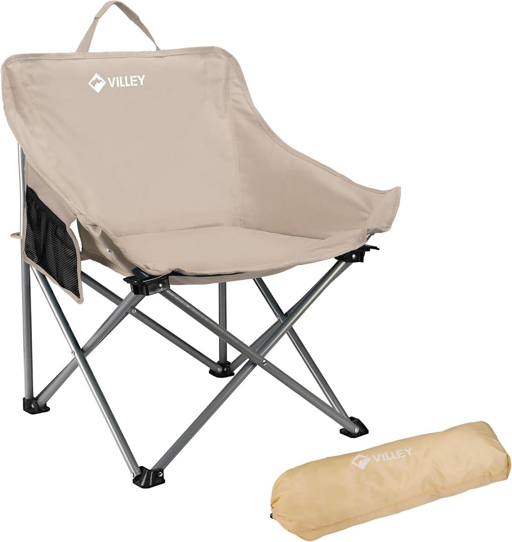 VILLEY Camping Chair Beach Folding Chair, Outdoor Lawn Portable Lightweight Chair, Foldable Chair with Carry Bag, for Outside Hiking, Fishing, Travel, Beach and Sports, Beige
