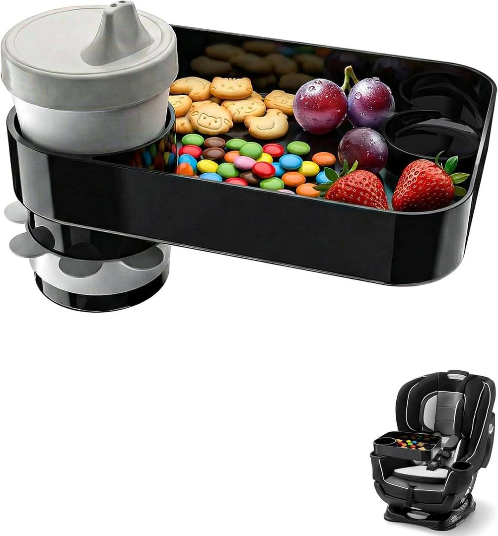 Car Seat Snack Tray for Toddlers, Reduces Mess Square Travel Tray Cup Holder Snack Tray, Durable Car Food Tray for Kids, Universal Fit Kids Travel Road Trip Essentials (Black)