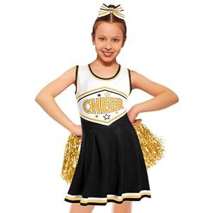 JenPen Cheerleader Costume Cheerleading Outfit Dress Cheer Uniform with Bow Halloween Dress up Gifts(5-7 Years, Black and Gold)
