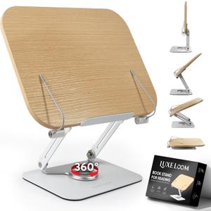 Book Stand for Reading - Adjustable Recipe Book Holder Stand with 360 Swivel Base, Aluminum & Wood Stand for Kitchen, Hands-Free, Foldable Cook Book Stand for Desk,Tablets, Laptop, Textbook