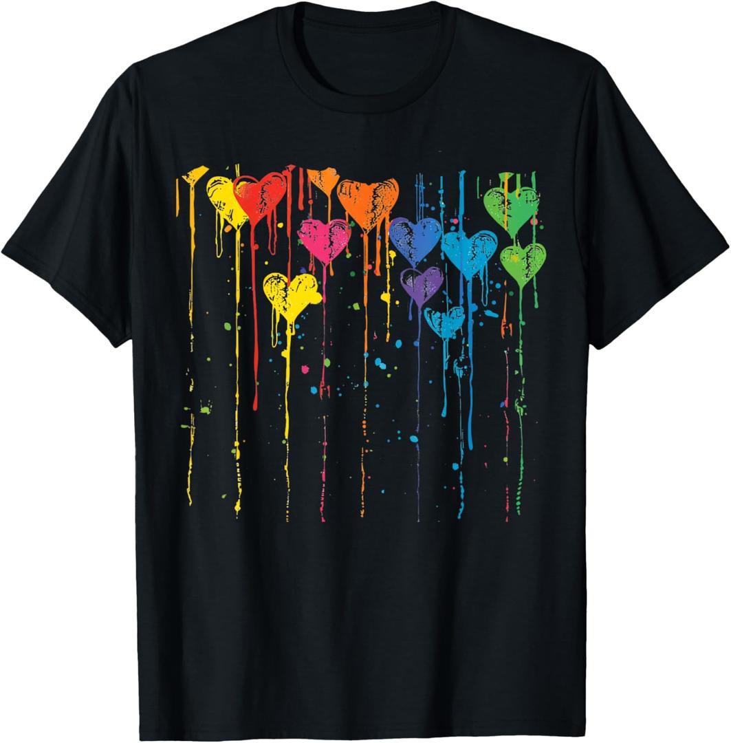 Colorful Hearts Dripping Paint Splatter T-Shirt, L