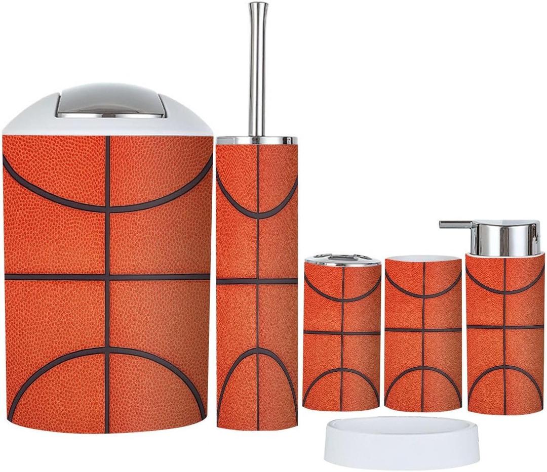 Bathroom Accessory Set 6 Piece Boho Basketball Trash Can, Toothbrush Holder, Soap Dispenser, Soap Dish, Toothbrush Cup, Toilet Brush Holder