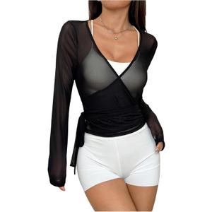 OYOANGLE Women's Mesh Sheer Wrap Belted Blouse Tops Long Sleeve Deep V Neck Slim Fit Shirt Black Large
