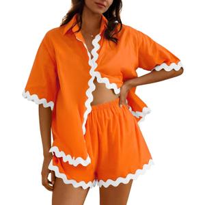 Fixmatti Women Two Piece Summer Sets Short Sleeve Button Down Shirts (Orange, M)