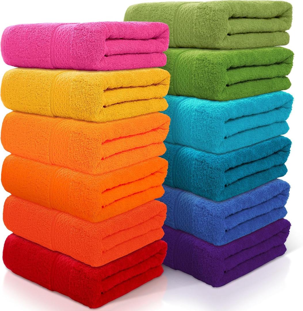 Newwiee Set of 12 Bath Towels Bulk - 28 x 55 Inch Large Cotton Towels in 12 Colors, Soft Quick-Dry Lightweight Bathroom Towel for Home Pool Beach Spa Hotel Gym Use(12 Colors)