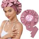Satin Bonnet for Sleeping Cap Double Layer Hair Bonnet with Elastic Tie Band for Curly Hair Night Cap (Bean Paste + Pink) (One Size)