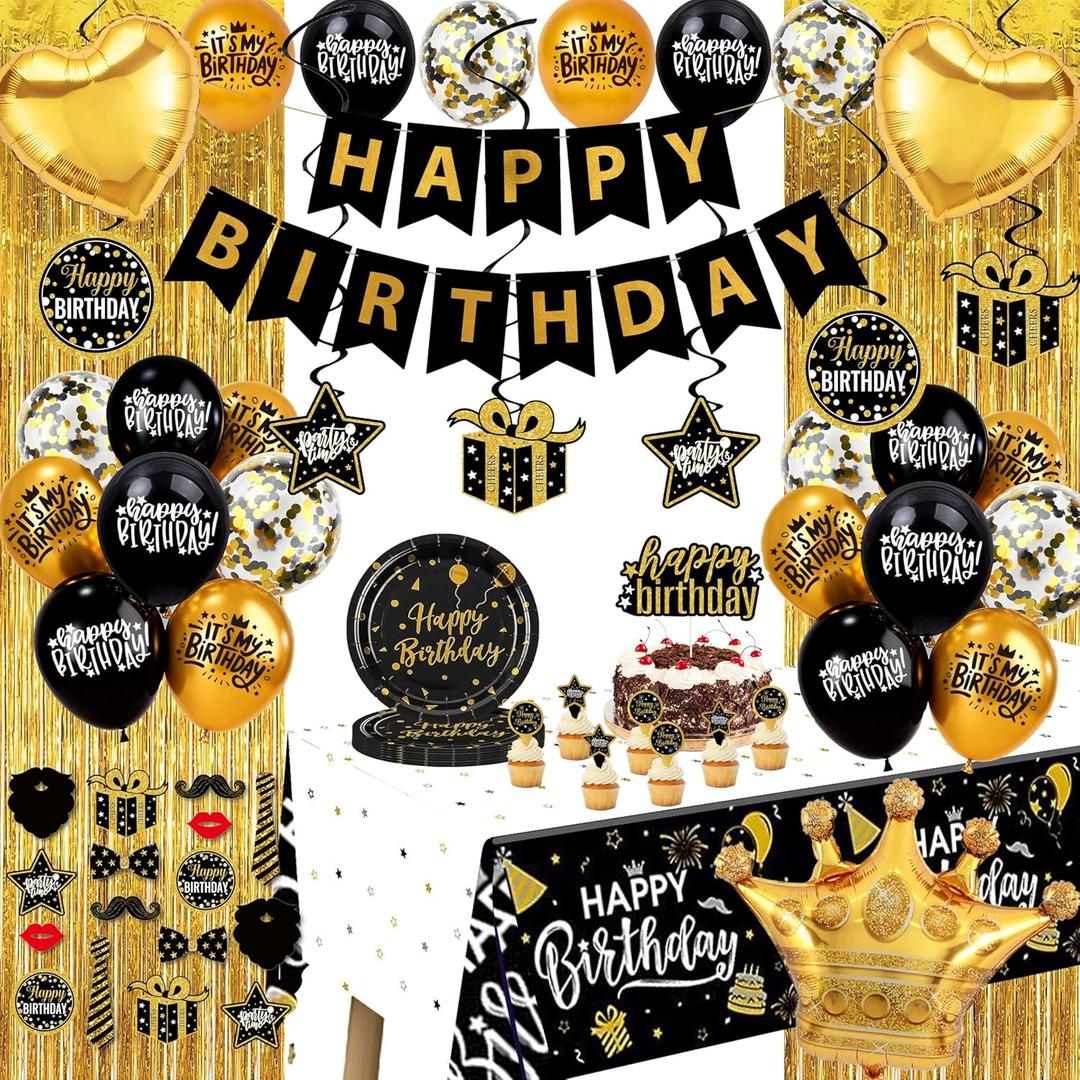 Black and Gold Birthday Decorations - Party Supplies Kit with Tablecloth, Paper Plates, Photo Props, Crown Foil Balloon, Fringe Curtains, Cake Toppers and Banner for Men Women 18th 21st 30th 40th 50th