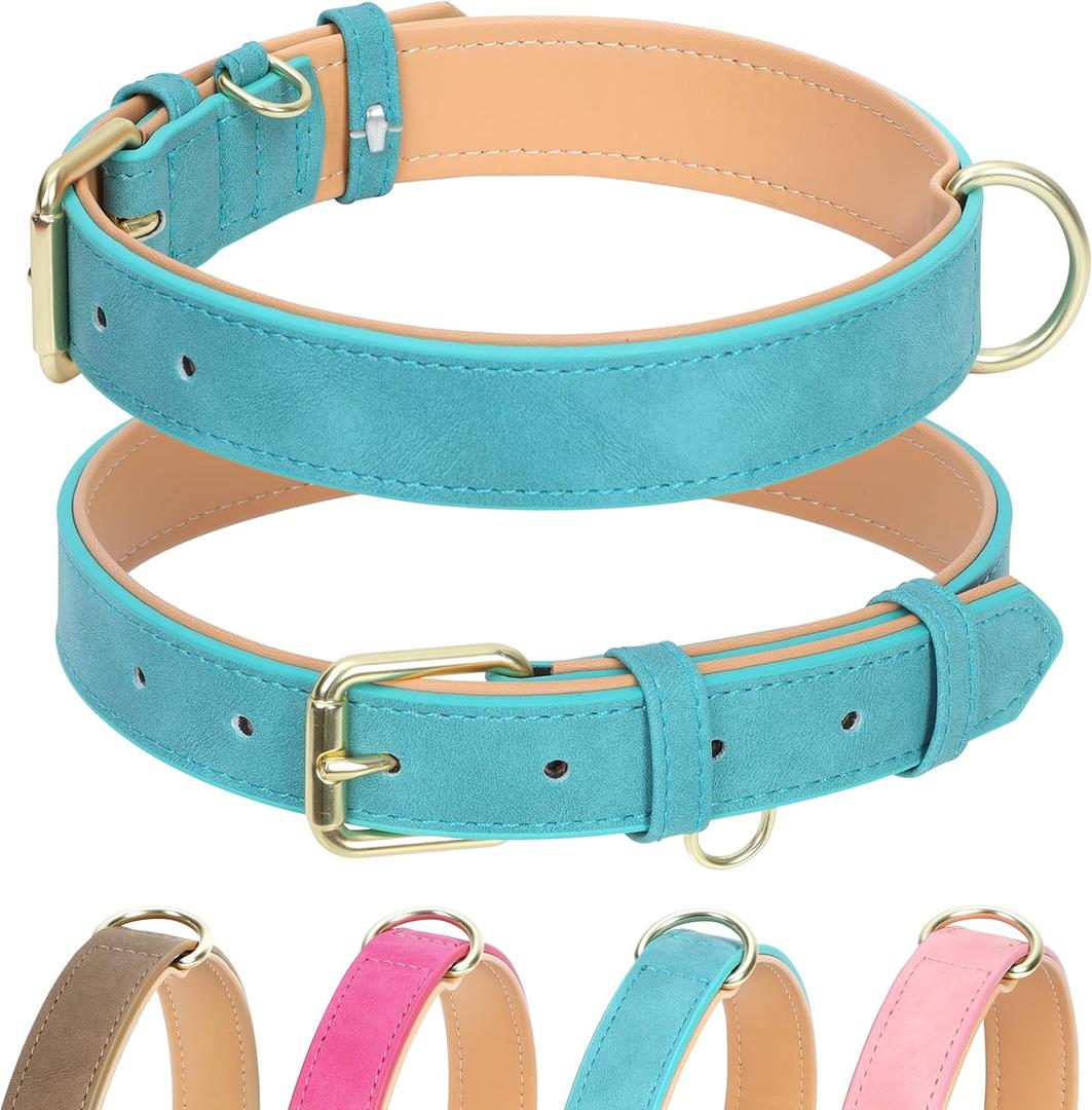 Leather Dog Collar for Small Medium Large Dogs, Soft Padded Dog Leather Collar with Heavy Duty Gold Buckle, Durable & Comfortable for Large Dogs Daily Walking (Teal, L) (L:Neck 15-20.5, Width 1.0)