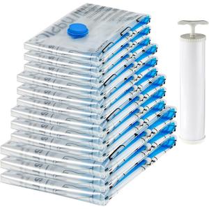 Vacuum Storage Bags with Hand Pump for Travel, Space Saving Compression Bags for Clothes and Blankets, Clear, 12 Pack (3 Small, 3 Medium, 3 Large & 3 Jumbo)