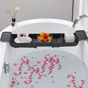 Expandable Drain Bath Shelf Caddy Tray, Multifunctional Plastic Bathtub Tray Bathroom Organizer Simple Stylish Bathtub Storage Rack for Candle Towel, Book, Wine, Phone, Shower (Grey - 1pcs) (Large)