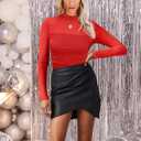 Womens Sexy Mesh Long Sleeve Shirts Fashion Clothing Turtle Necks Sheer Ruched Going Out Tops Fall Outfits Slim Fit Blouses (Red, M)