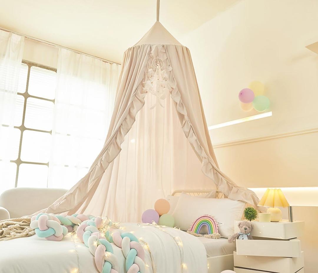 Mengersi Bed Canopy for Girls,Ruffled Canopy Bed Curtains Kids Canopy for Girls Room,Hanging Canopy Princess Play Tent for Reading Nook Play Room Decor (Ivory)