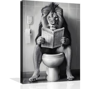 OWNANRTHM Lion Bathroom Canvas Wall Art Funny Animal Bathroom Wall Art Lion on Toilet Bathroom Painting Black and White Animal Bathroom Pictures for Bathroom Restroom Wall Framed 8X10 inch (10L" x 8W")
