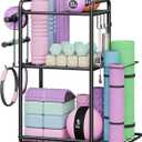 Weight Rack for Home Gym, All in One Yoga Mat Storage Rack, Workout Equipment Storage with Wheels and Hooks for Dumbbells Kettlebells Foam Rollers, Powder Coated Finish Steel