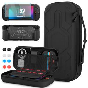GLDRAM Case for Nintendo Switch 2 (2025), Portable Travel Carrying Storage Bag with Concave & Convex Groove Design, Dockable Hardshell Heavy-Duty Protective Cover with Screen Protector & 8 Thumb Grips (Black)