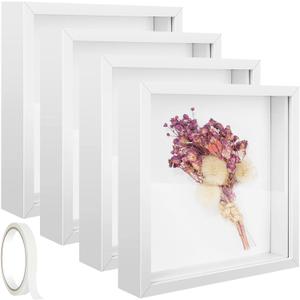 4 Pack 5 x 5in Shadow Box Frame, Shadow Boxes Display Cases with Adhesive Tape, 3D Picture Frame for Baby Items Wedding Memories Crafts Awards Medals Tickets and Photos(White)