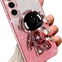 Phone Case for Samsung Galaxy S23 with Astronaut Kickstand and Lanyard Soft TPU Bling Clear Shockproof Protection Cover for Galaxy S23 Case, Rose Gold