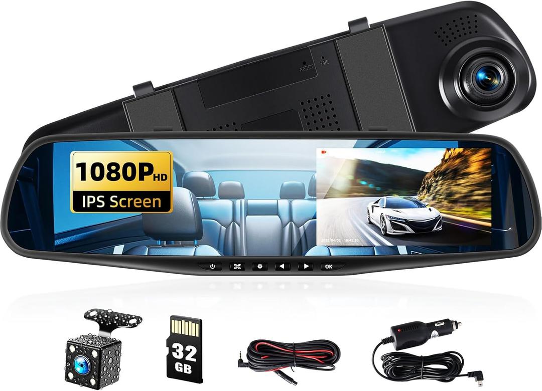 Mirror Dash Cam 4.5 Inch Rear View Mirror Camera 1080P Front and 480P Rear View Dual Cameras with 32G Card, Motion Detection, Night Vision, Parking Assistance, Loop RecordingExposure Adjustment