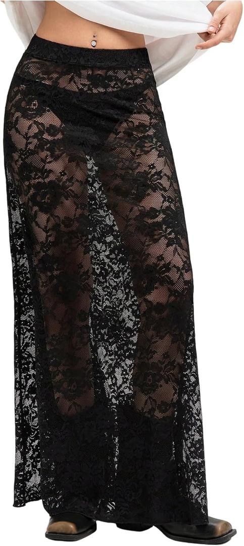 Milumia Women's Sexy Sheer Mesh Lace Maxi Skirt Y2k See Through Flowy Long Skirt (Large, Black)