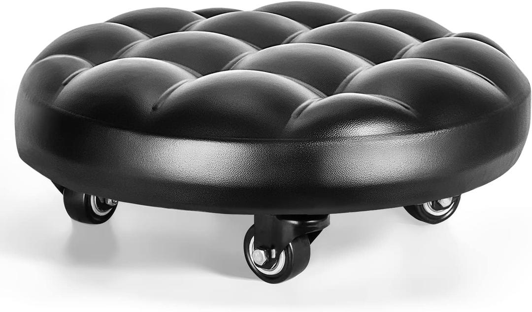 Low Height Rolling Stool with 360Swivel Caster, Low Roller Seat Chair, PU Leather Rolling Stool Heavy-Duty and Sturdy, Movable Mini Stools for Home Office Garage Shop Fitness Sport