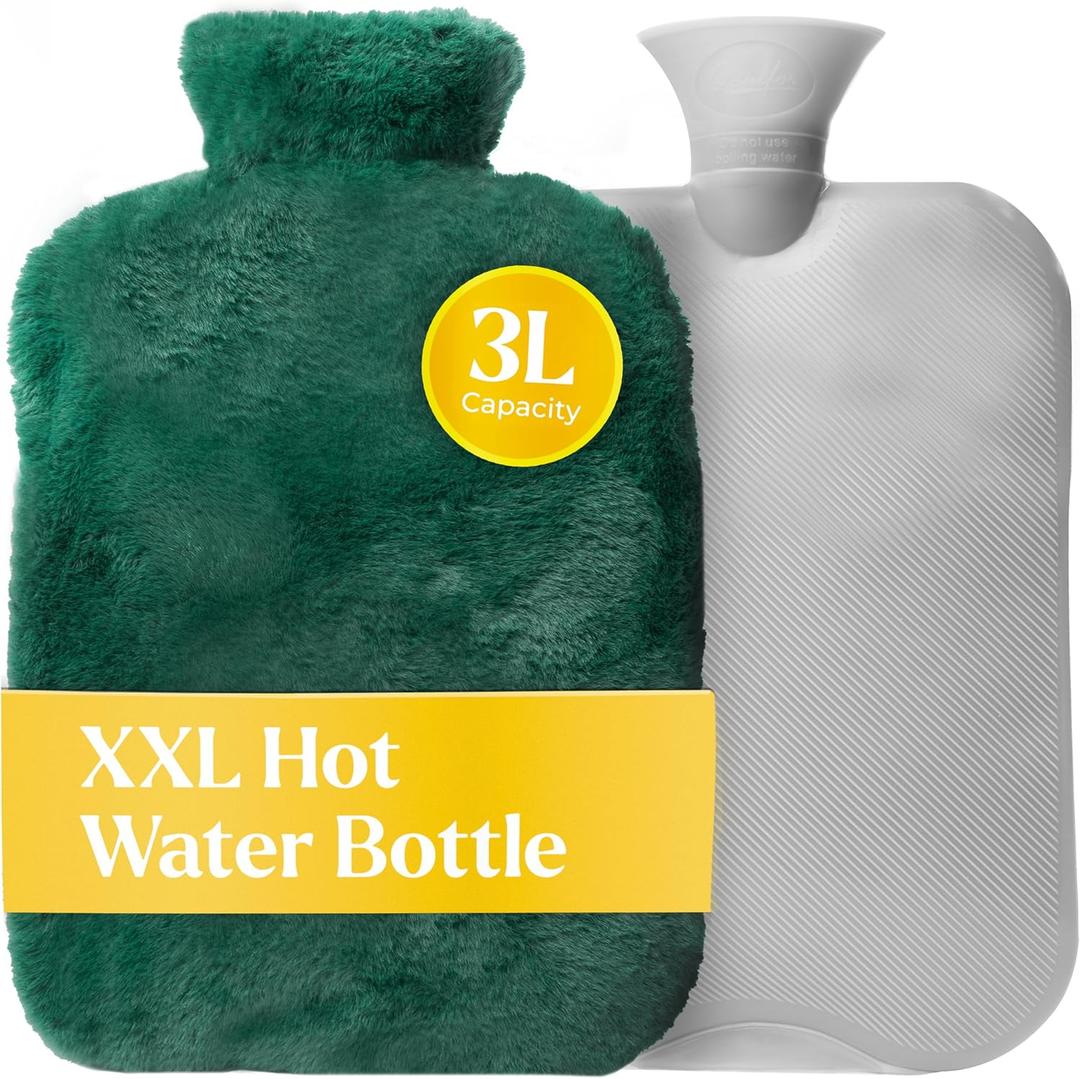 Qomfor XXL Large Hot Water Bottle with Faux Fur Cover  Cozy 3L Hot Water Bottle for Bed Warming, Pain Relief, Cramps & Back Pain  Durable, Safe, & Long-Lasting Water Hot Bottle for Sleeping (Green)